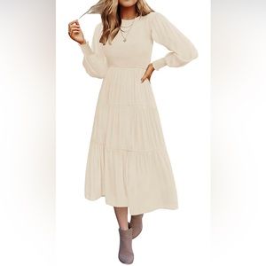 ZESICA || Casual Long Sleeve Crew Neck High Waist Smocked midi dress